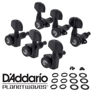 D’Addario© PWAT-332L ลูกบิดกีตาร์โปร่ง สีดำล้วน  มีกลไกตัดสายส่วนเกิน + แถมฟรีน็อตและวงแหวนรอง (Auto-trim Locking Tuning Machine Heads)