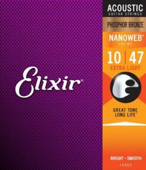 Elixir© Nanoweb สายกีตาร์โปร่ง เบอร์ 10 เคลือบ Phosphor Bronze  ( Extra Light, .010 – .047) #16002